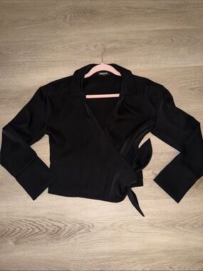 Express Black Wrap Blouse with Collar and Side Tie